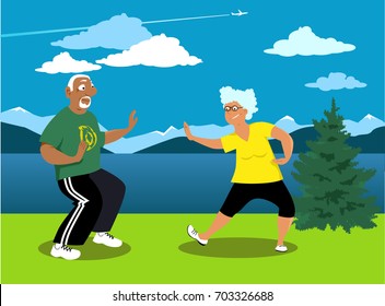 Senior couple practicing tai chi outside in a park, EPS 8 vector illustration