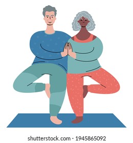 Senior couple practicing yoga together. A caucasian man and an african woman wearing colorful activewear standing in a tree pose. Flat style illustration. 