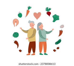  Senior couple with proper foods for elderly. Healthy nutrition for old people , healthy aging.  Counting calories in food.