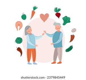  Senior couple with proper foods for elderly. Healthy nutrition for old people , healthy aging.  Counting calories in food.