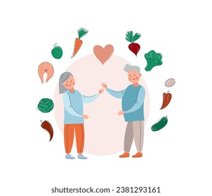  Senior couple with proper foods for elderly. Healthy nutrition for old people , healthy aging.  Counting calories in food.