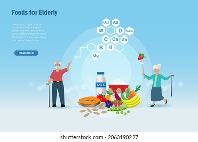 senior couple with proper nutrition foods for elderly. Healthy foods, fruits and products for cooking and eating. Daily nutrition, senior care, healthy aging concept.