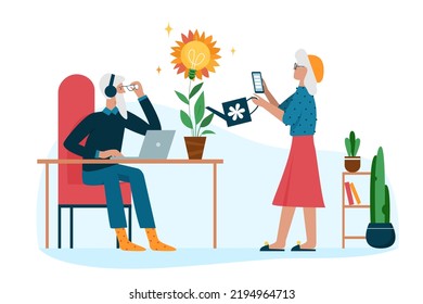 Senior Couple Protect Pension, Save Money. Retired Man Sitting At Laptop, Rich Woman Growing Light Bulb Plant And Planning Future Wealth Flat Vector Illustration. Finance, Literacy, Retirement