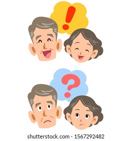 Senior couple questioning and solving facial expression set
