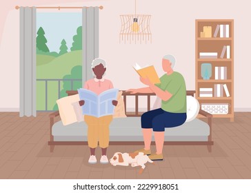 Senior couple reading at home flat color vector illustration. Wife and husband resting on sofa. Domestic lifestyle. Fully editable 2D simple cartoon characters with living room on background