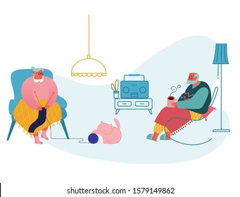 Senior Couple Relax Sitting in Living Room. Woman Knitting Clothing, Man Drinking Tea and Listen to Radio. Granny and Grandpa Spare Time at Home, Grandparents Leisure. Cartoon Flat Vector Illustration