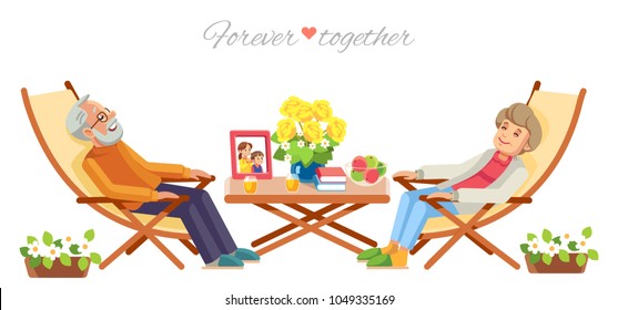 Senior couple relaxing in garden, isolate on white background. vector flat illustration