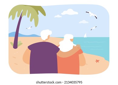 Senior couple relaxing on beach flat vector illustration. Back view of wife and husband hugging while admiring seascape on vacation. Love, travel concept for banner, website design or landing web page