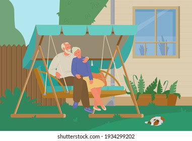 Senior Couple Resting In Garden Swing In The Backyard. Flat Vector Illustration.