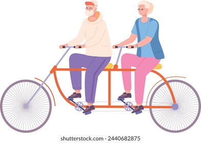 Senior couple ride tandem bike. Active old people isolated on white background
