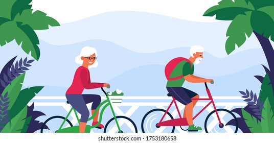 Senior couple riding bike. Tropical resort, cycling, outdoor activity sign flat vector illustration. Retirement, active lifestyle, vacation concept for banner, website design or landing web page