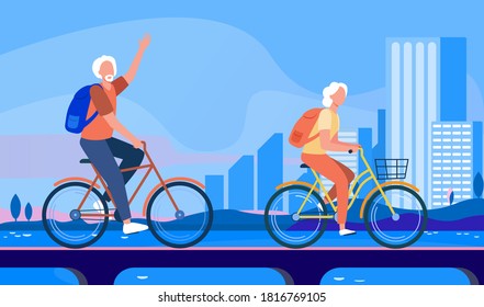 Senior couple riding bikes. Old man and woman cycling on city flat vector illustration. Active lifestyle, leisure, activity concept for banner, website design or landing web page