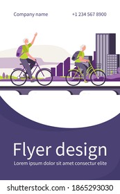 Senior couple riding bikes. Old man and woman cycling on city flat vector illustration. Active lifestyle, leisure, activity concept for banner, website design or landing web page