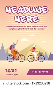 Pareja mayor montando bicicletas al aire libre. Ancianos y mujeres en bicicleta en las montañas ilustraciones planas vectoriales. Estilo de vida activo, ocio, concepto de actividad para banner, diseño de sitios web o página web de aterrizaje