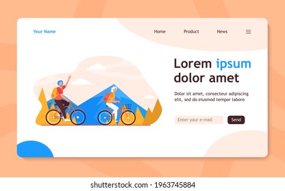 Senior couple riding bikes outdoors. Old man and woman cycling in mountains flat vector illustration. Active lifestyle, leisure, activity concept for banner, website design or landing web page