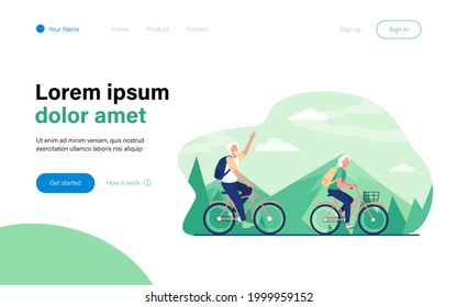 Senior Couple Riding Bikes Outdoors. Old Man And Woman Cycling In Mountains Flat Vector Illustration. Active Lifestyle, Leisure, Activity Concept For Banner, Website Design Or Landing Web Page