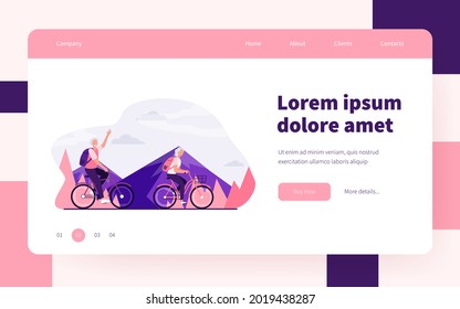 Pareja mayor montando bicicletas al aire libre. Ancianos y mujeres en bicicleta en las montañas ilustraciones planas vectoriales. Estilo de vida activo, ocio, concepto de actividad para banner, diseño de sitios web o página web de aterrizaje