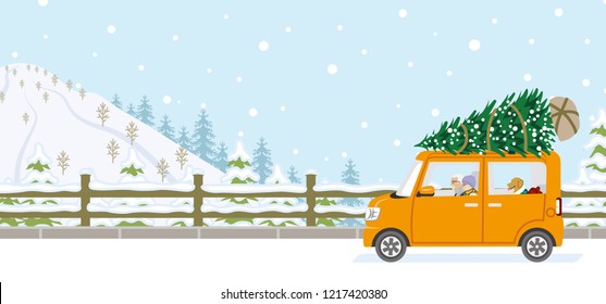 Senior couple riding the car which loaded the Christmas tree - Winter nature road background