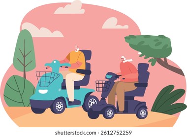 Senior couple riding electrocycle vector illustration