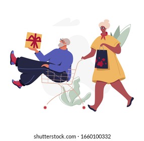Senior couple riding shopping cart vector isolated illustration. Modern flat character for web and app design, season sales, marketing materials, e-commerce.