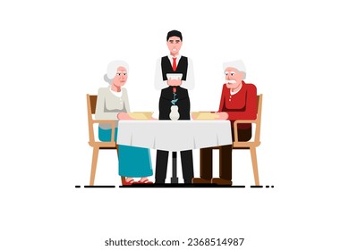 Senior couple romantic dinner meal, Senior couple orders food with waiter on table, Vector illustration.