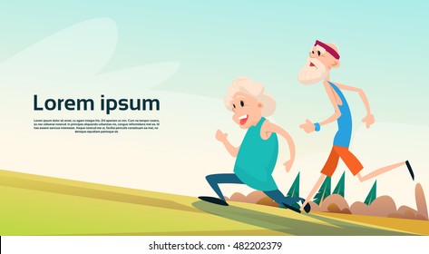 Senior Couple Running Old Man Woman Joggers Sport Fitness Exercise Workout Flat Vector Illustration