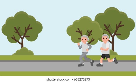 a senior couple running in a park. old man and old lady run. senior runner. vector