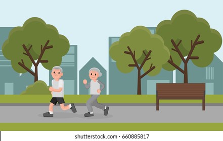 a senior couple running in a park. old man and old lady run. senior runner. vector
