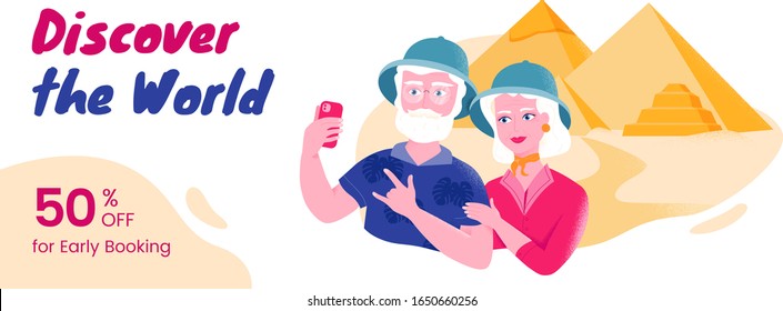 Senior couple in safari hats taking selfie near the Egyptian pyramids banner template. Special offers for older people.