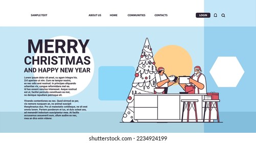 senior couple in santa hats cooking together christmas dinner preparation new year holidays celebration concept horizontal