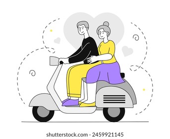 Senior couple at scooter simple. Elderly man and woman at eco friendly transport. Pensioners with auto. Journey and trip, travel. Doodle flat vector illustration isolated on white background