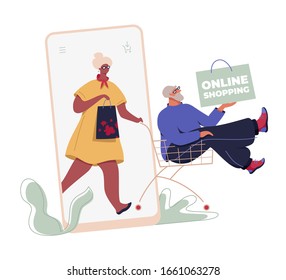 Senior couple shopping online vector isolated illustration. Modern flat character for web and app design, season sales, marketing materials, e-commerce.