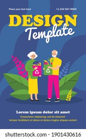 Senior couple shopping with reusable bags. Old people with paper bags with organic food flat vector illustration. Healthy eating, waste recycling concept for banner, website design or landing web page