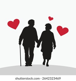Senior Couple Silhouette Holding Hands Vector on White Background