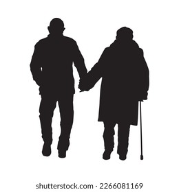 Senior couple silhouette isolated on white background. Old couple holding hands walking in park. Grandfather and grandmother together. Elderly people with cane. Mature pair in love.Vector illustration