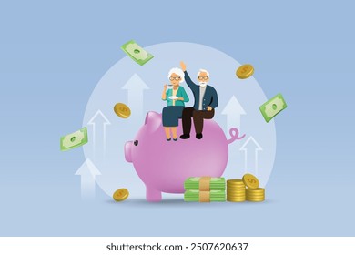 Senior couple sit on piggy bank with growth profit from savings and return on investment. Financial plan, money savings for elderly. Vector.