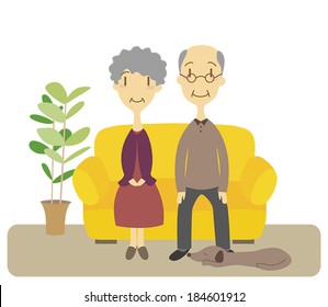 Senior couple siting on the couch in living room/ Vector illustration
