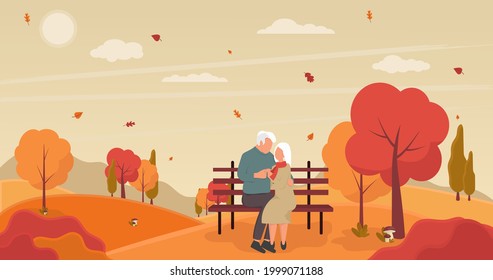 Senior couple sitting on the bench in the autumn park. Vector template or banner