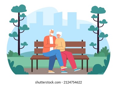 Senior couple sitting on bench in park flat vector illustration. Happy old man and woman hugging, looking at each other with tenderness, spending summer day together. Love, family concept