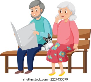 Senior couple sitting on bench illustration