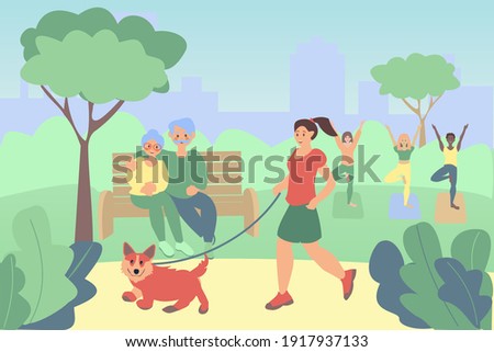 Senior couple sitting on bench in spring park Women run with her dog Young woman do yoga exercises Outdoor fitness Flat vector illustration