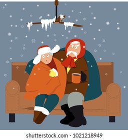 Senior couple sitting on a couch in a cold house in winter, EPS 8 vector illustration