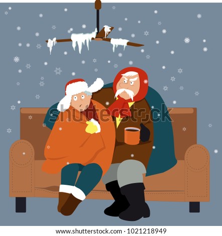 Senior couple sitting on a couch in a cold house in winter, EPS 8 vector illustration
