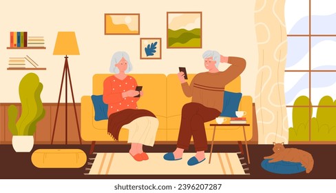 Senior couple sitting on home sofa with mobile phones vector illustration. Cartoon happy old family people scrolling social media channel, grandparents using smartphones in living room interior