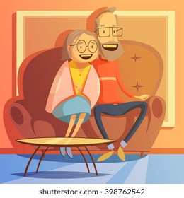 Senior couple sitting on a sofa at home background cartoon vector illustration 