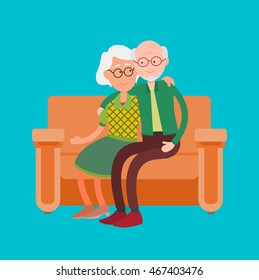 Senior couple sitting on the sofa together . Old couple in love.Flat style vector illustration