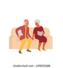 Senior couple sitting together on couch and holding hands. Elderly married retired old man and woman on sofa home spending time together. Vector flat characters isolated on white background in EPS 10