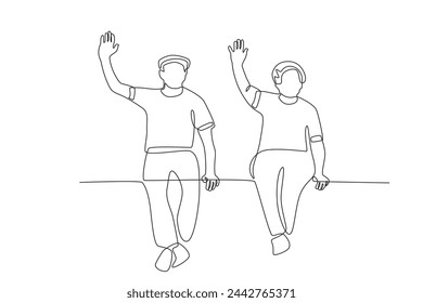 Una pareja de ancianos sentada mientras saludaba.Seniors Community one-line drawing