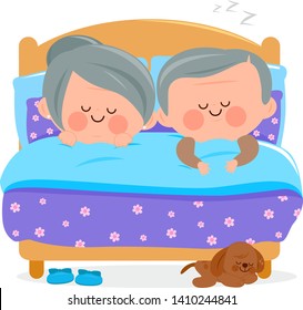 Senior couple sleeping together in their bed. Vector illustration