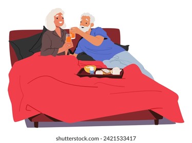 Senior Couple Smiles As They Clink Juice Glasses In Soft Morning Light. Characters Savoring A Cozy Breakfast In Bed, Sharing Love And Laughter As The Day Begins. Cartoon People Vector Illustration